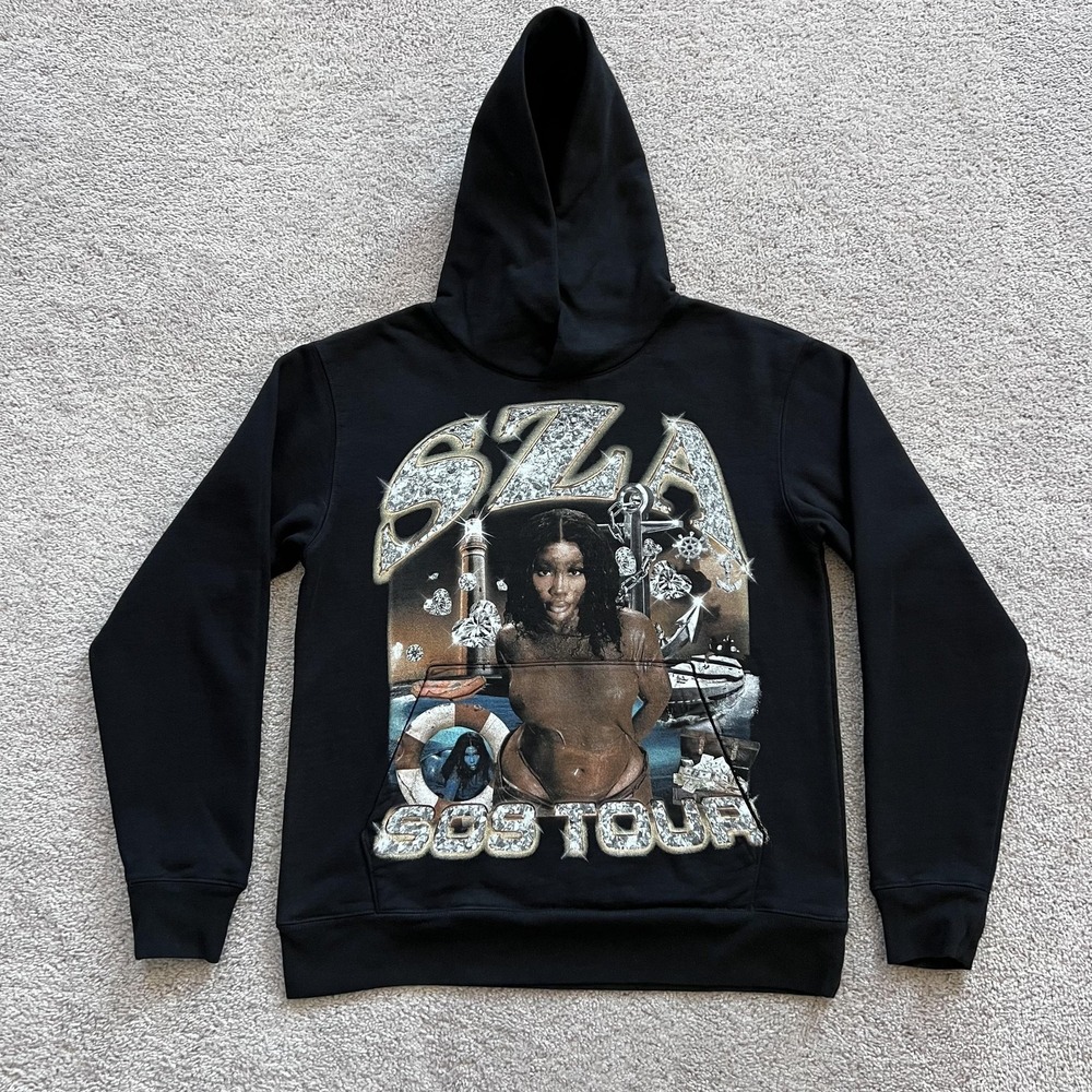 SZA SOS Tour Hoodie Small Black Front Graphic Fleece Pullover Sweatshirt